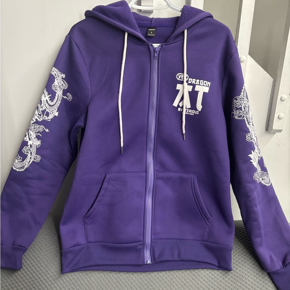 SHEIN Purple Dragon Graphic Zip Up Hoodie Size S Streetwear